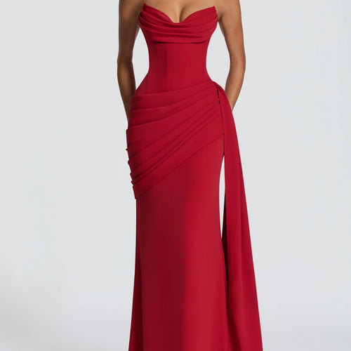 Halter Neck Draped Bodice Fitted Waist Maxi Evening Gown