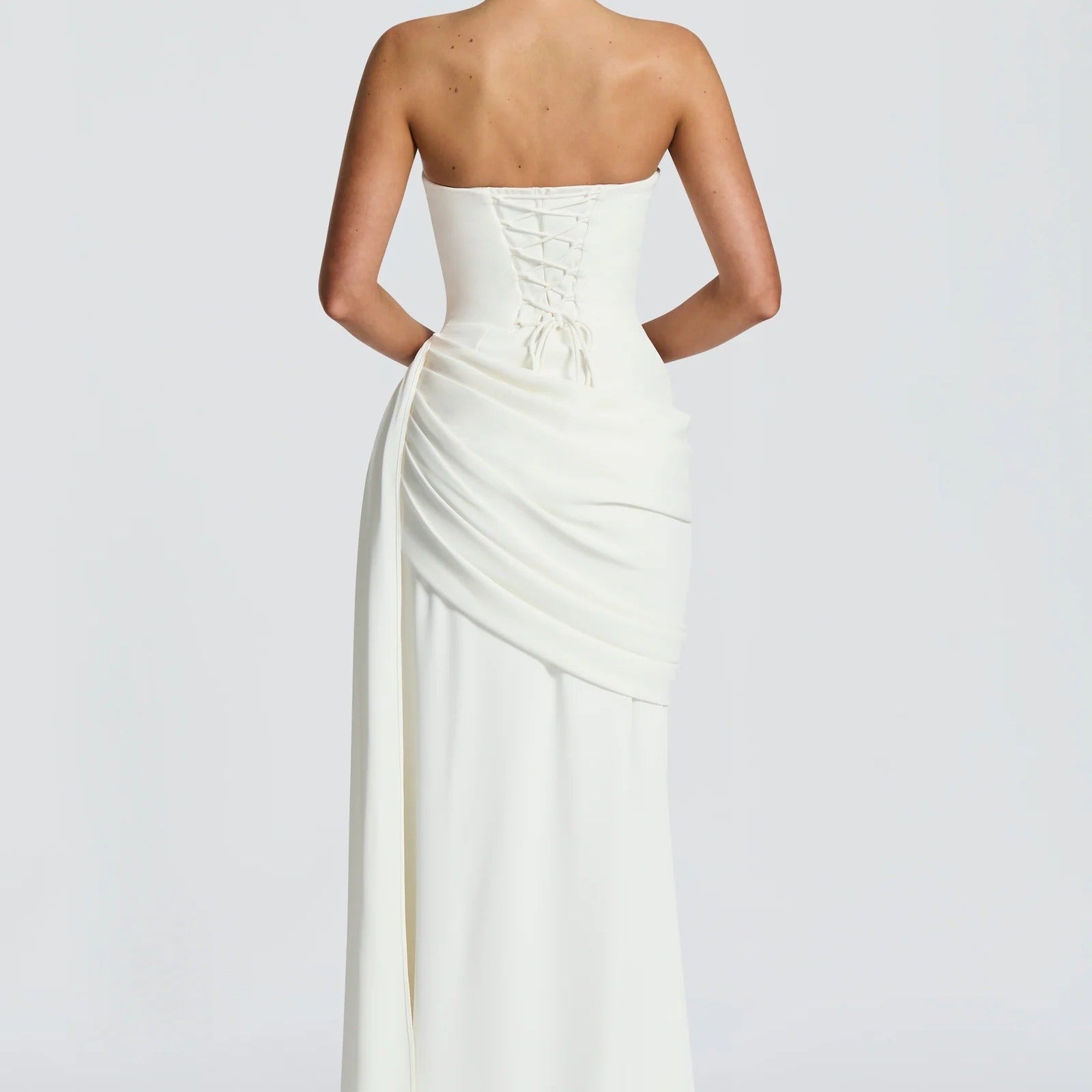 Halter Neck Draped Bodice Fitted Waist Maxi Evening Gown