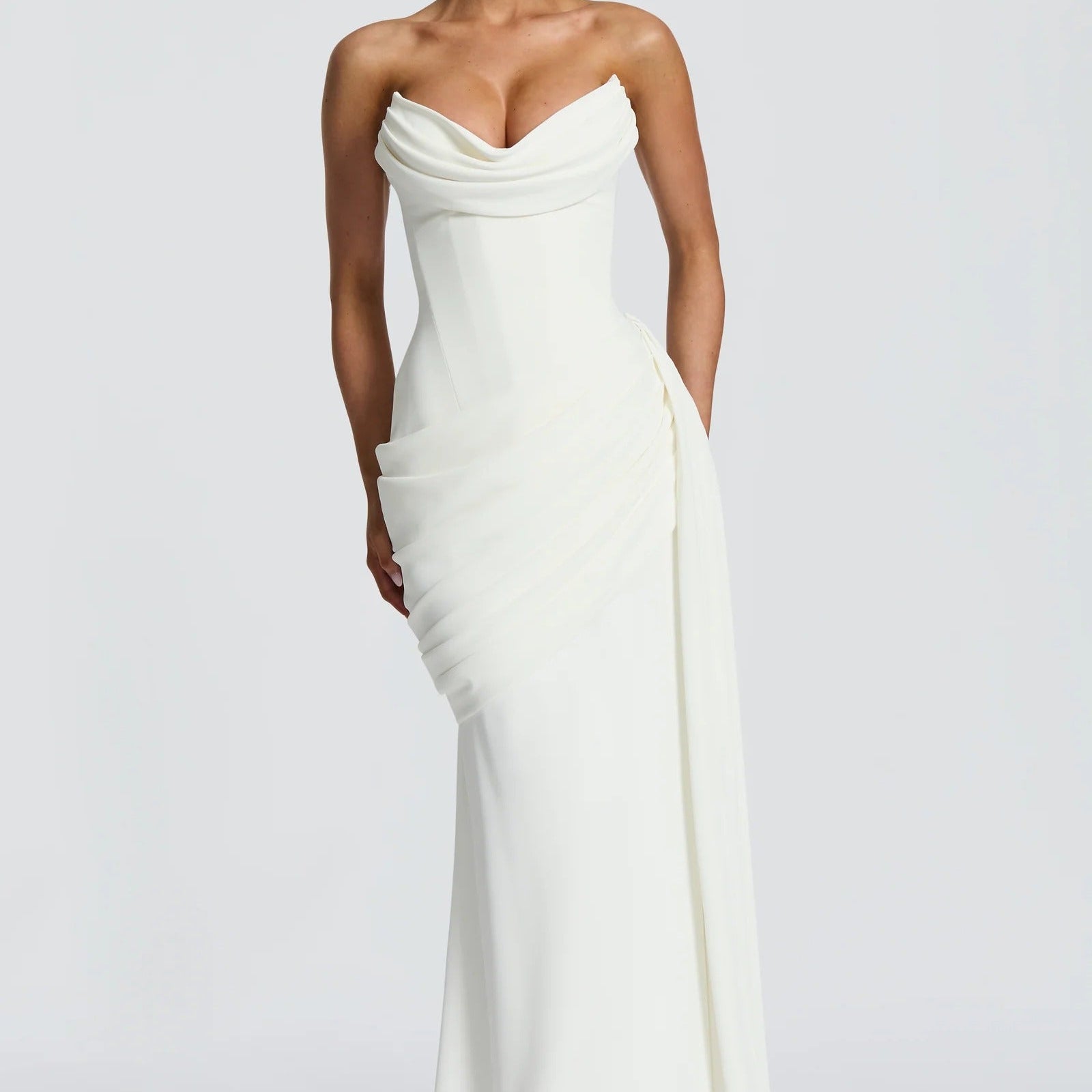 Halter Neck Draped Bodice Fitted Waist Maxi Evening Gown
