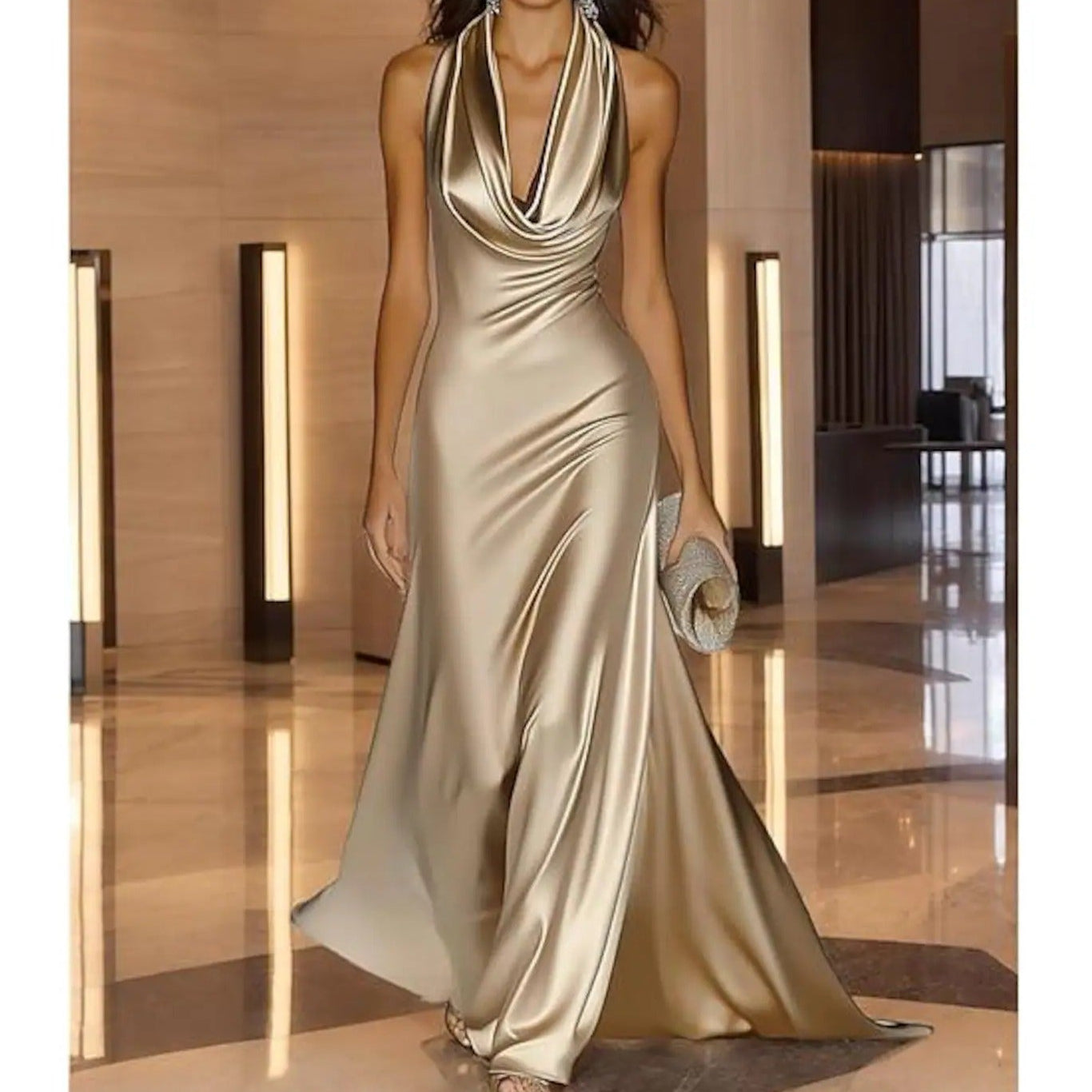 Halter Neck Slung Collar Satin Train Dress