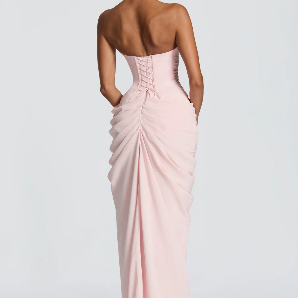 Halterneck Deep V Pleated High Slit Dress