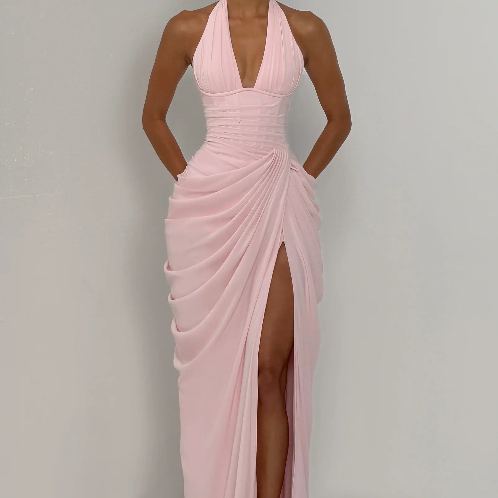 Halterneck Deep V Pleated High Slit Dress