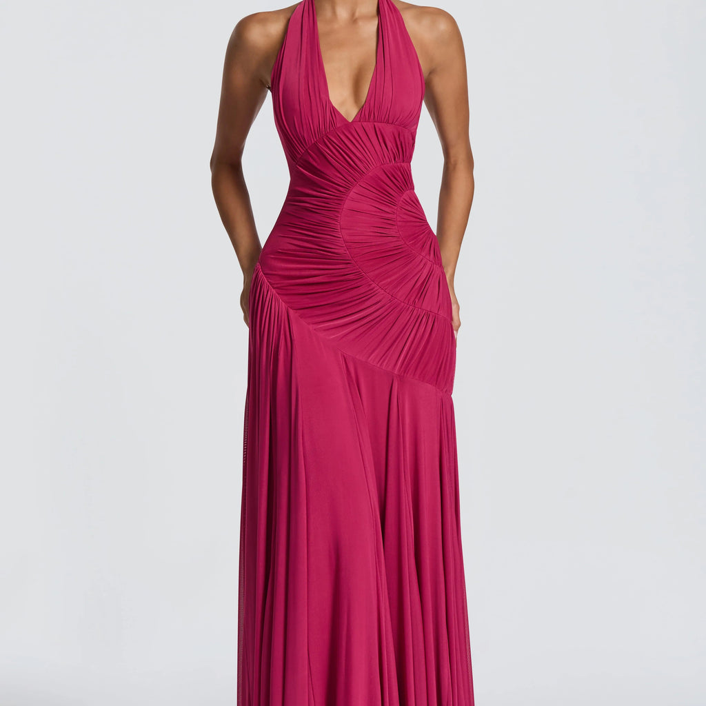 Halterneck Deep V Spiral Pleated Long Dress