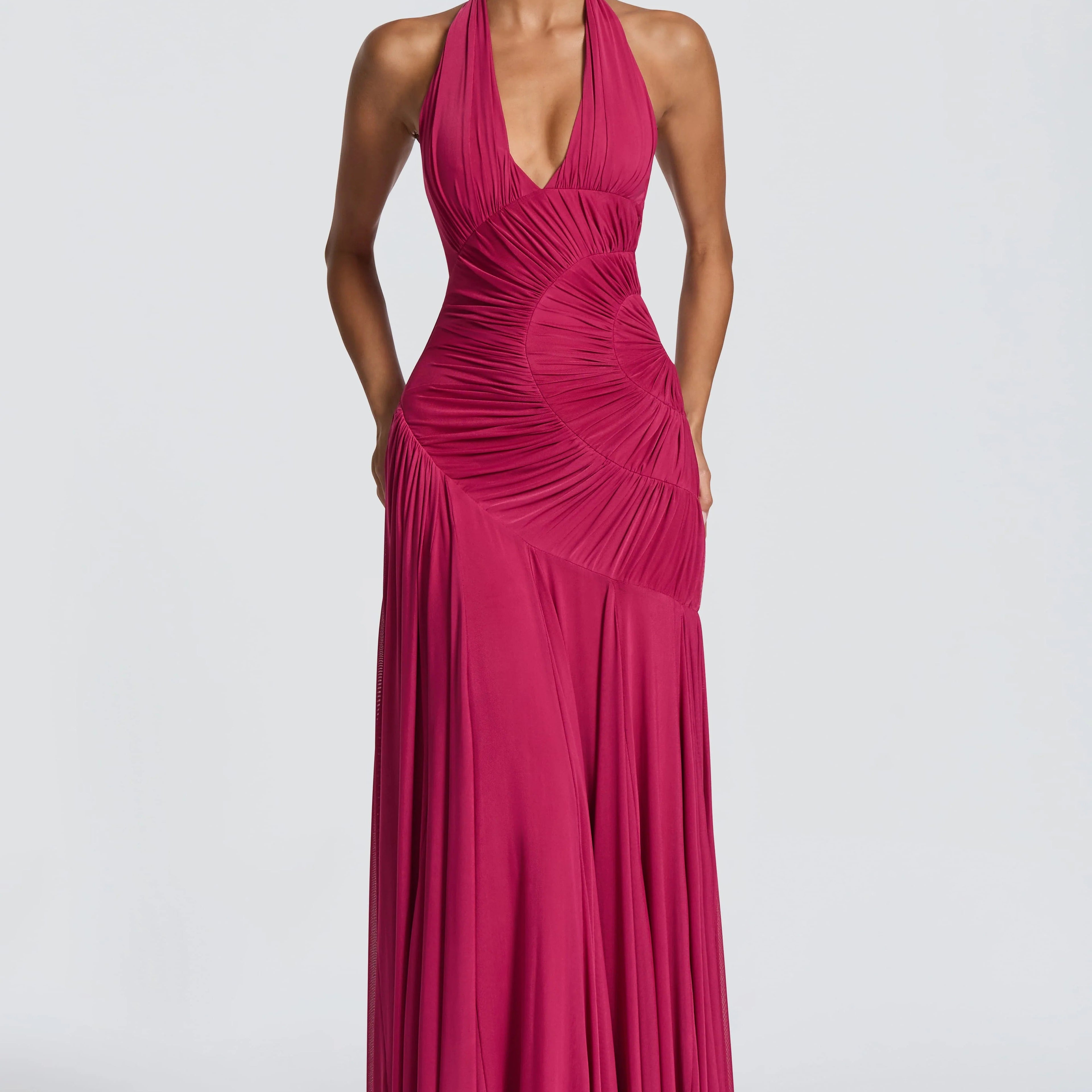 Halterneck Deep V Spiral Pleated Long Dress