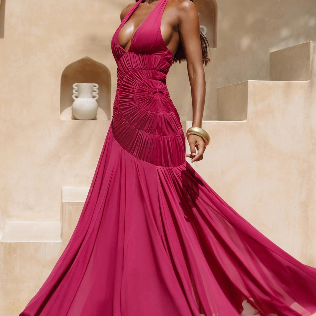 Halterneck Deep V Spiral Pleated Long Dress