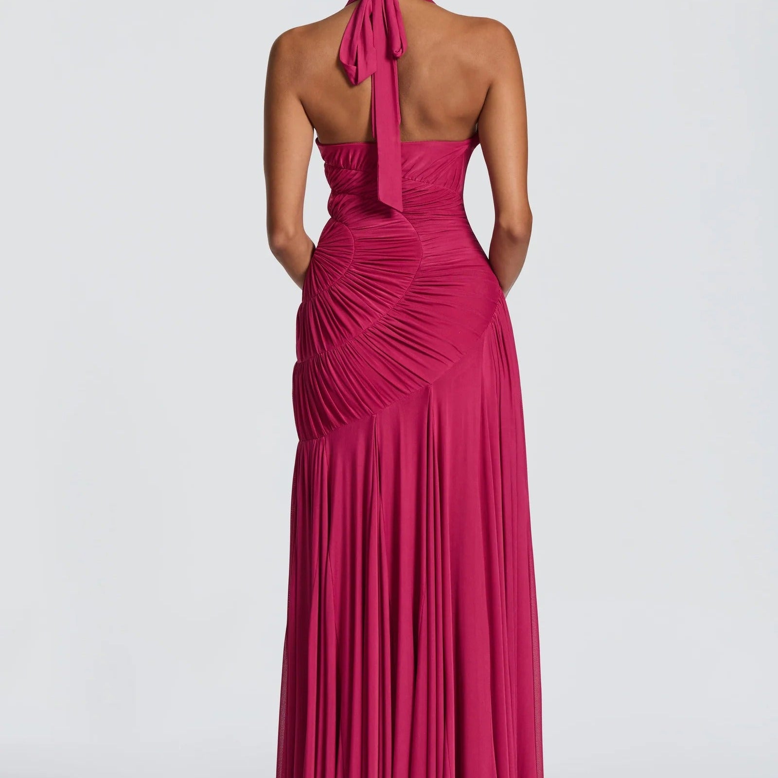Halterneck Deep V Spiral Pleated Long Dress
