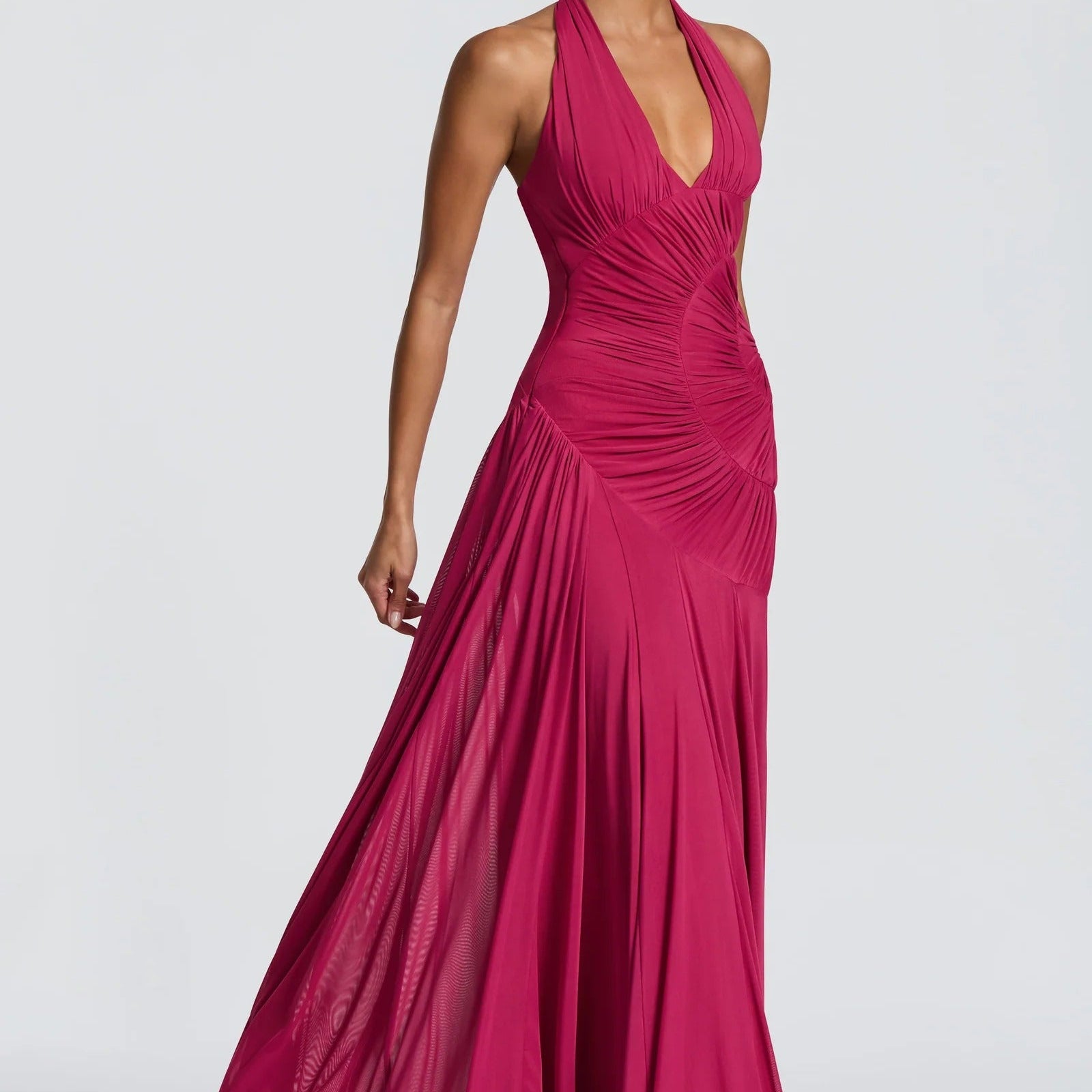 Halterneck Deep V Spiral Pleated Long Dress