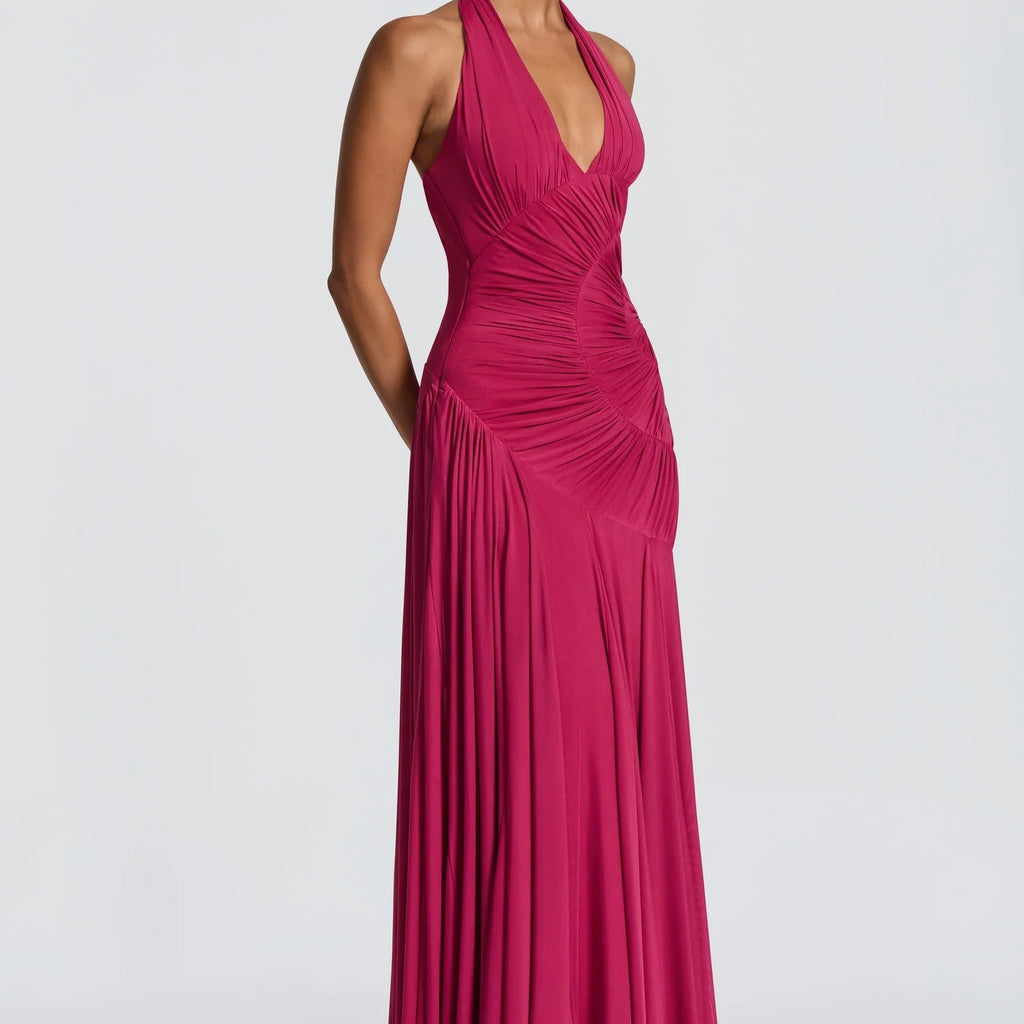 Halterneck Deep V Spiral Pleated Long Dress