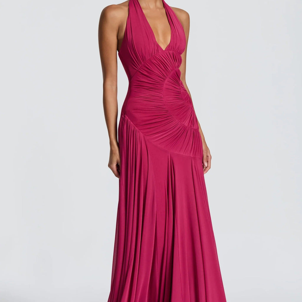 Halterneck Deep V Spiral Pleated Long Dress