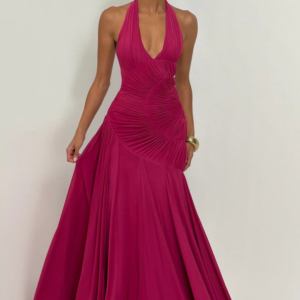 Halterneck Deep V Spiral Pleated Long Dress