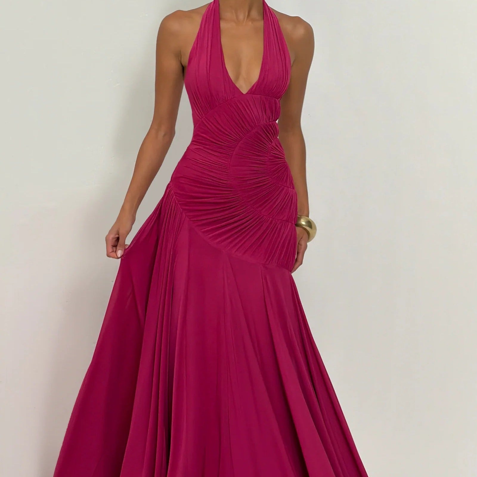 Halterneck Deep V Spiral Pleated Long Dress