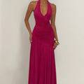 Halterneck Deep V Spiral Pleated Long Dress