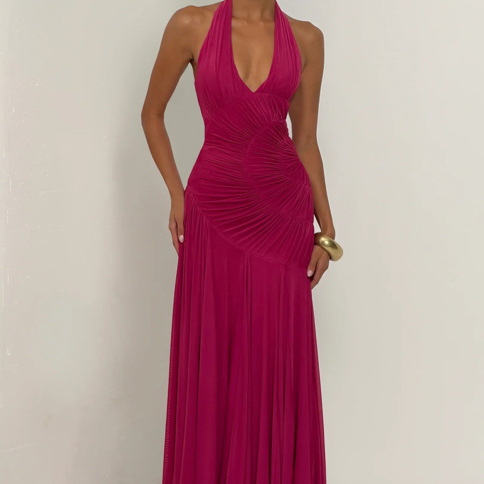 Halterneck Deep V Spiral Pleated Long Dress