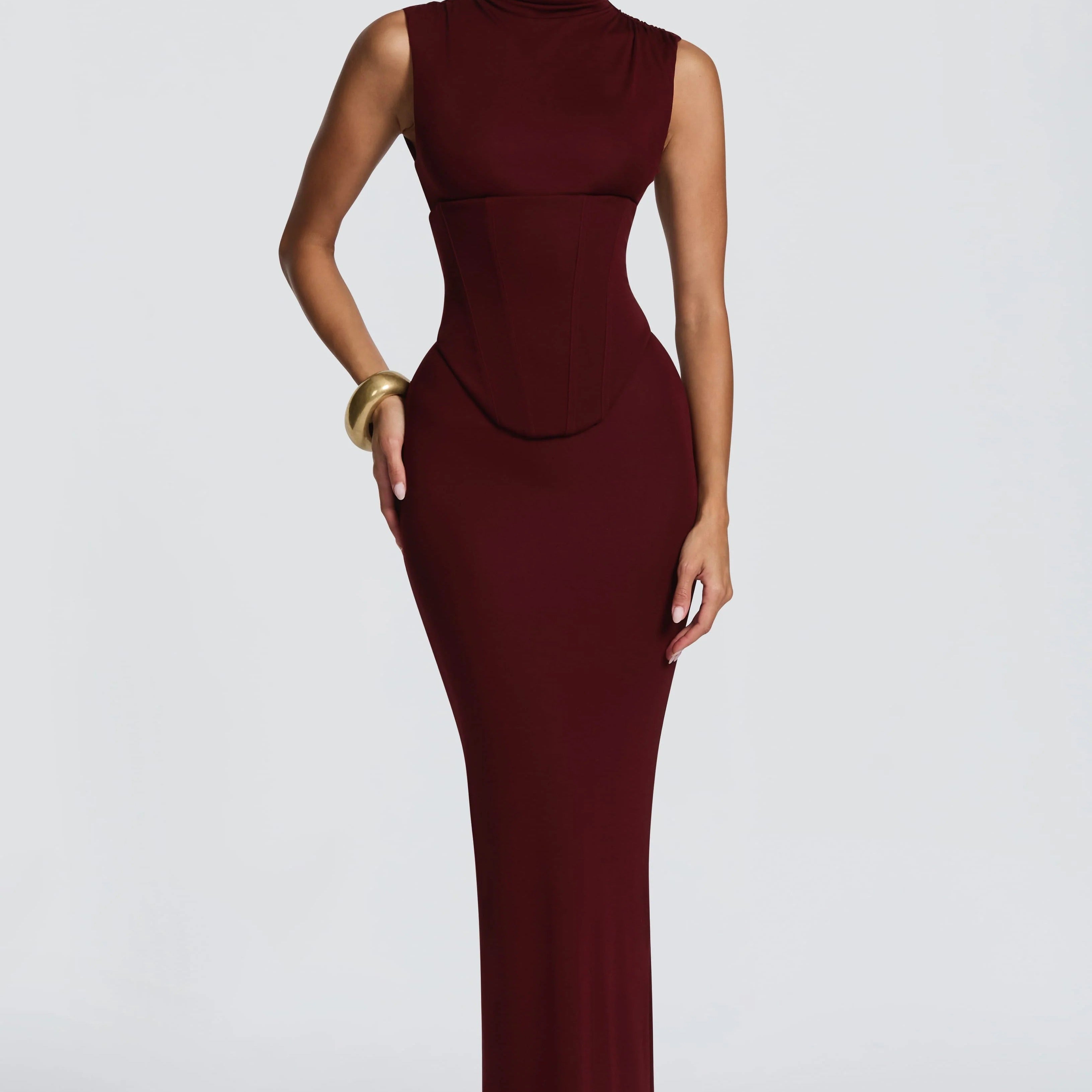High Neck Belted Slim Fit Fishtail Dress
