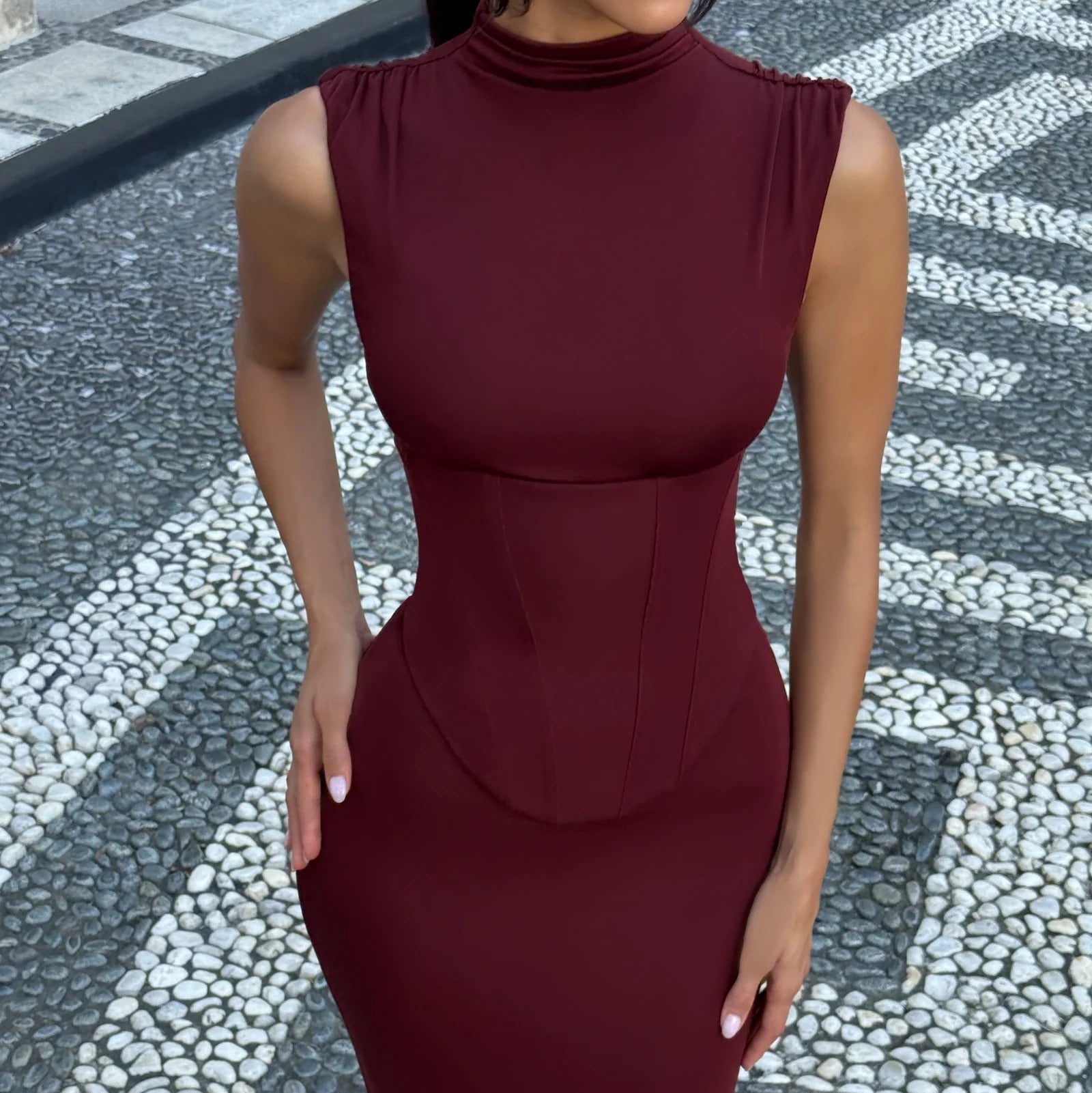 High Neck Belted Slim Fit Fishtail Dress