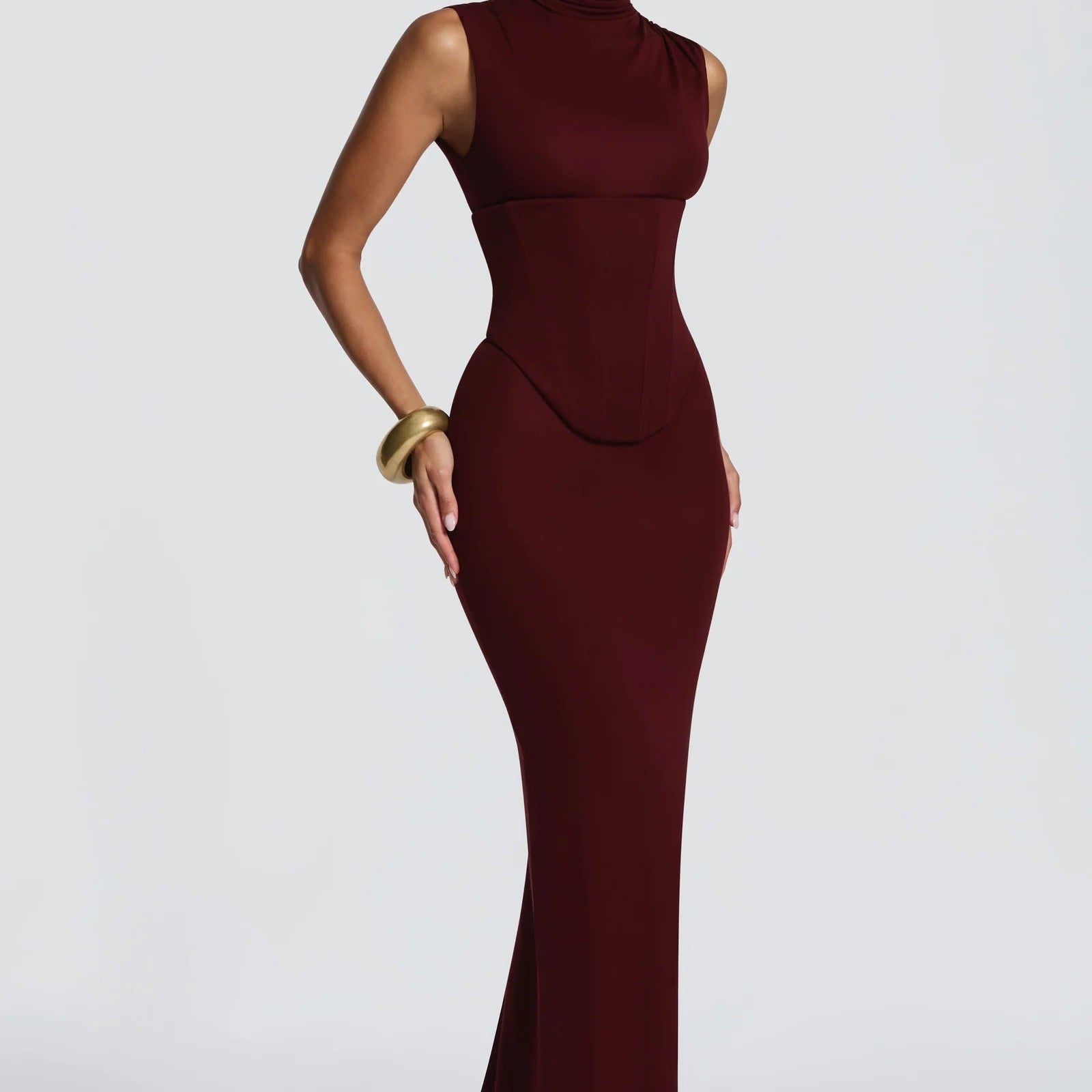 High Neck Belted Slim Fit Fishtail Dress