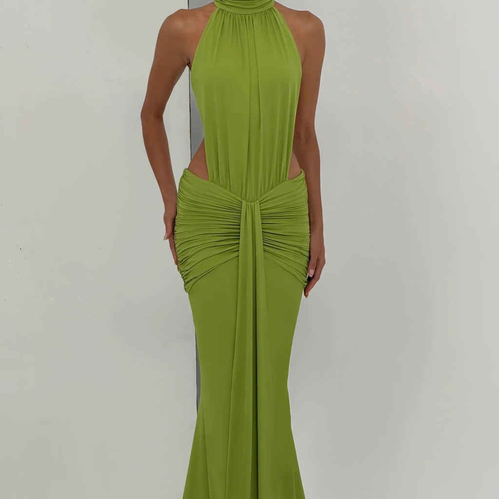 High Neck Open Back Twisted Fishtail Dress