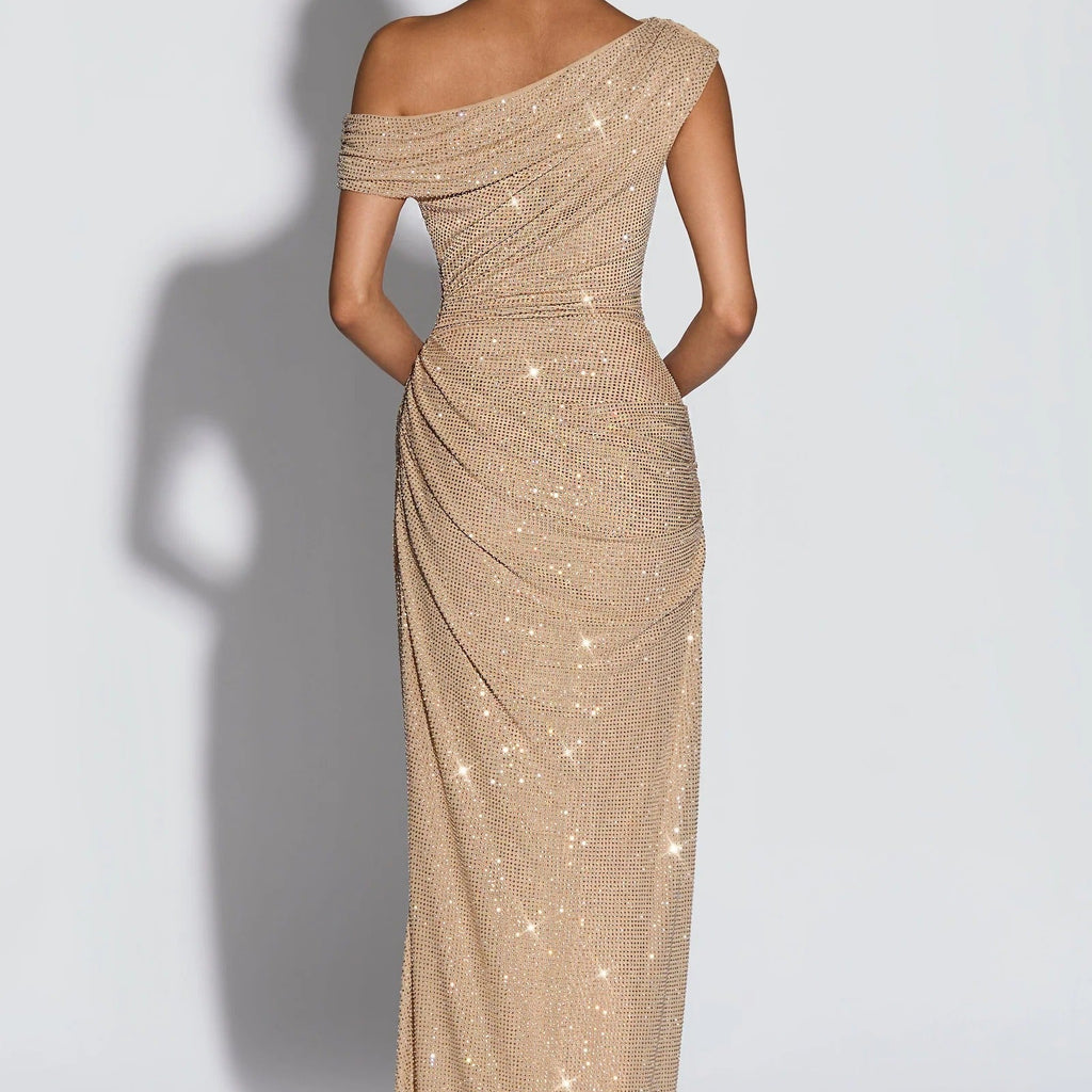 Off Shoulder Glitter Pleated Long Dress