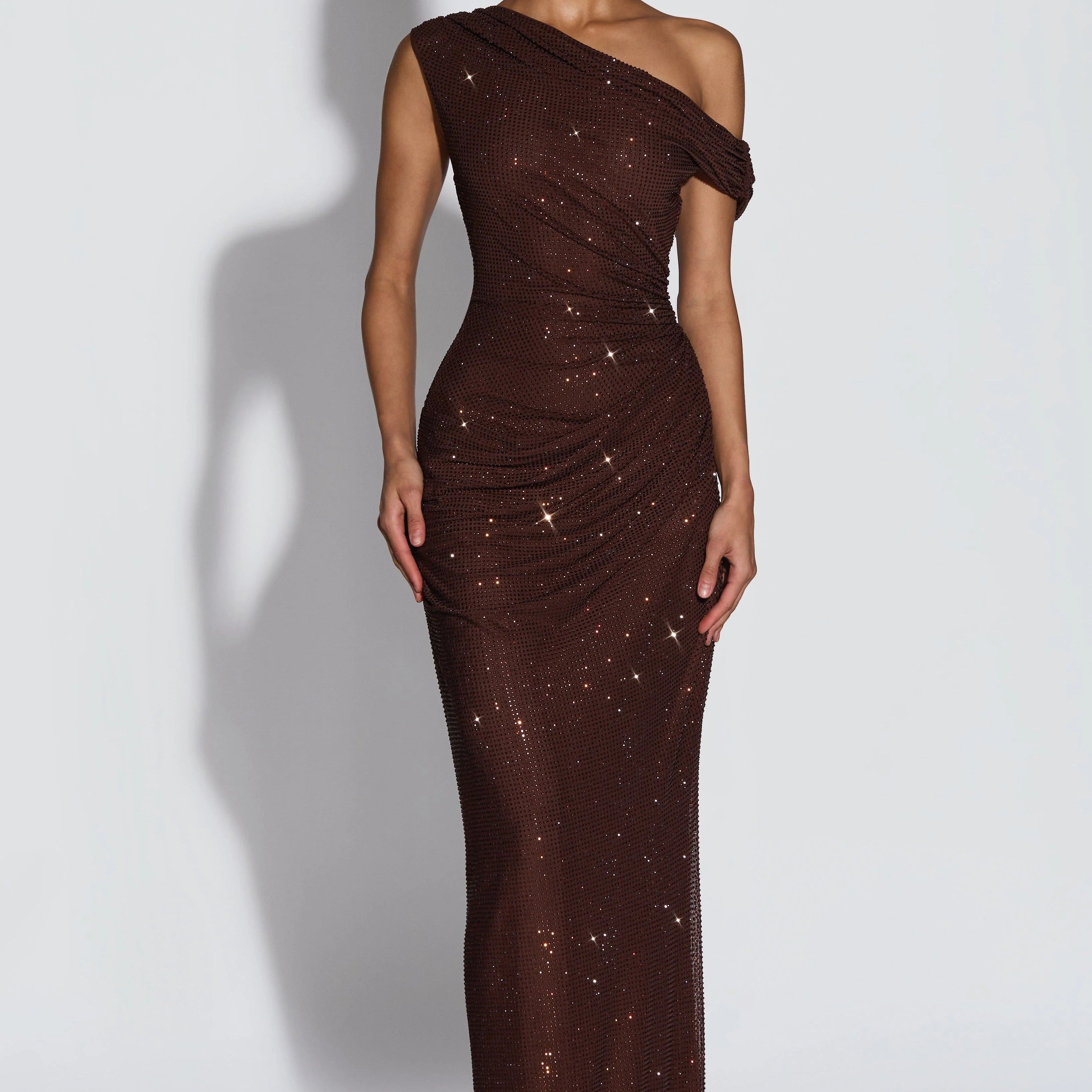 Off Shoulder Glitter Pleated Long Dress