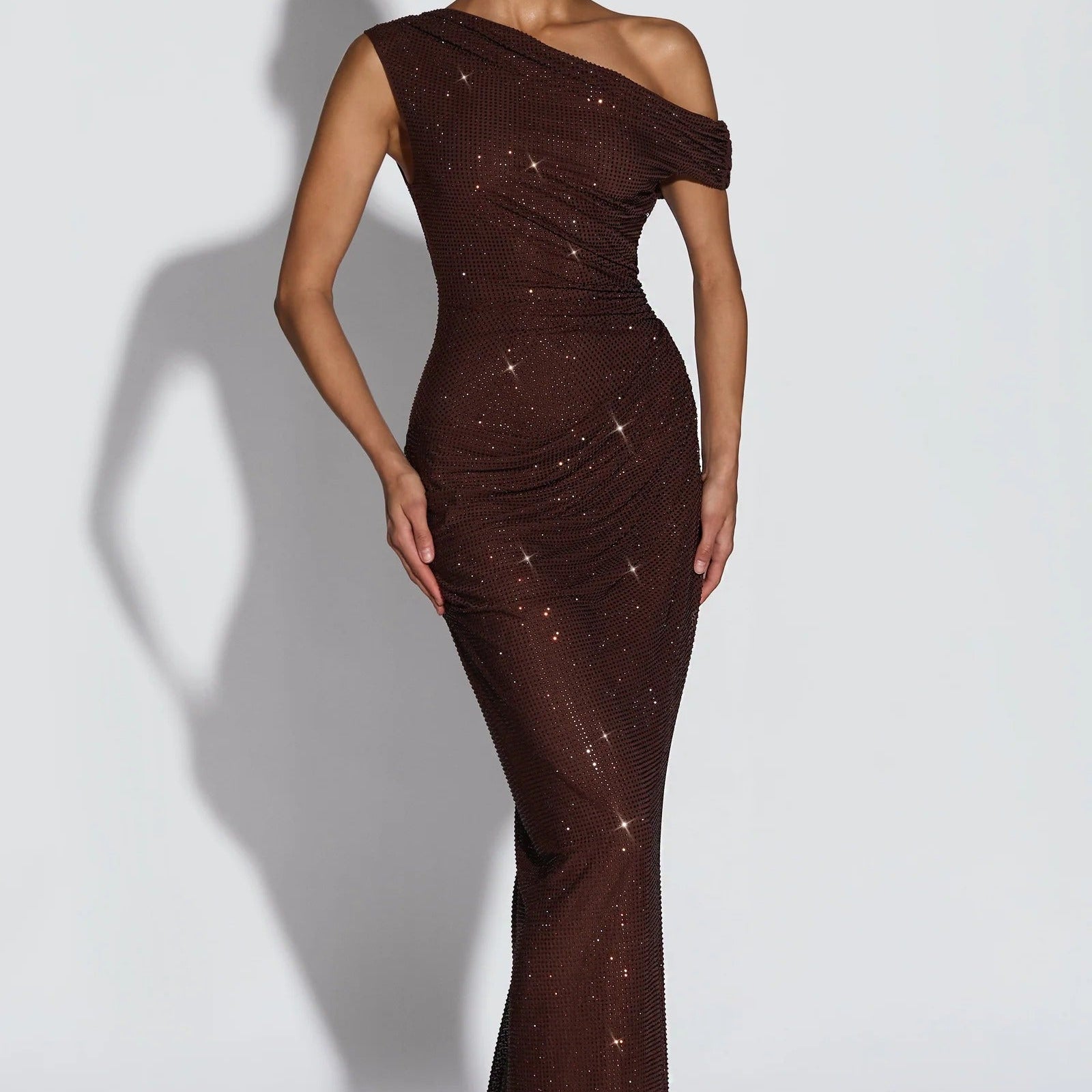 Off Shoulder Glitter Pleated Long Dress