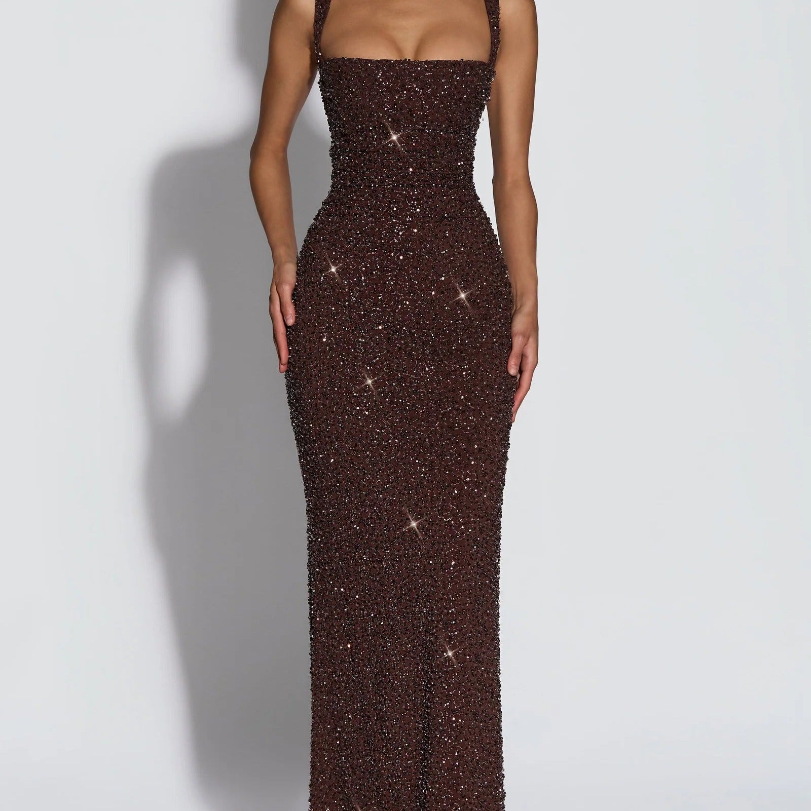 Square Shoulder Sparkling Diamond Slim Long Dress