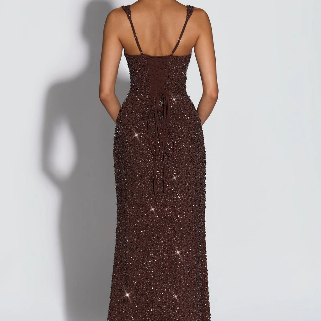 Square Shoulder Sparkling Diamond Slim Long Dress
