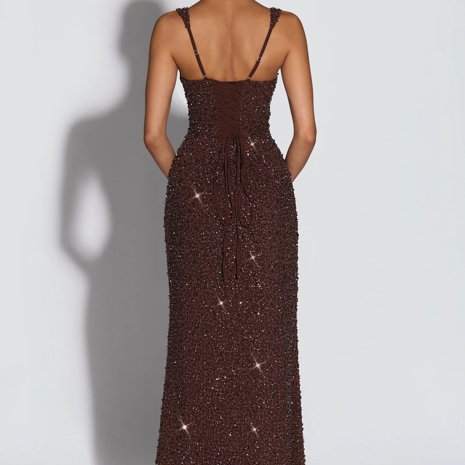 Square Shoulder Sparkling Diamond Slim Long Dress