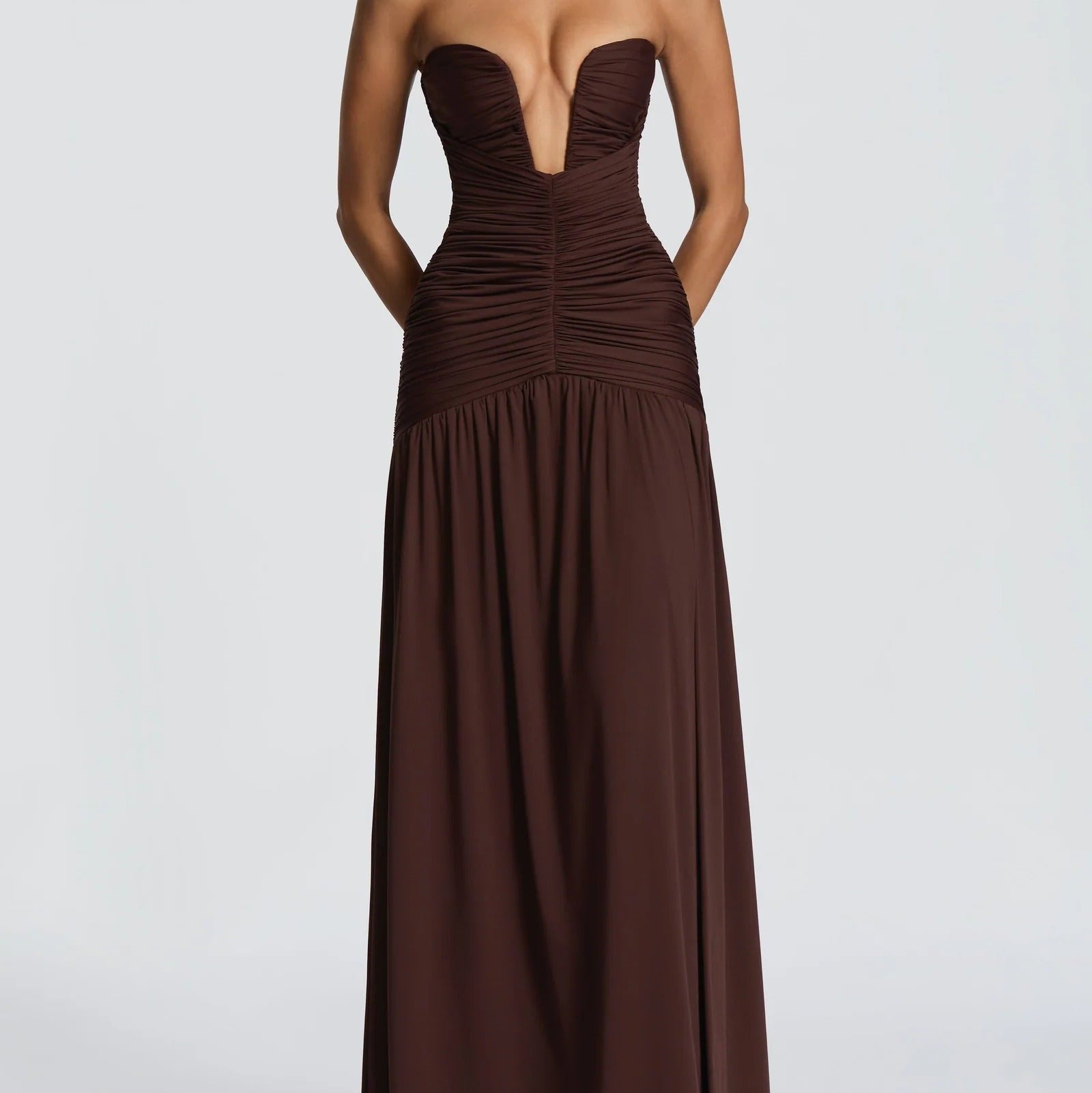 Strapless Pleated Maxi Gown With A High Slit