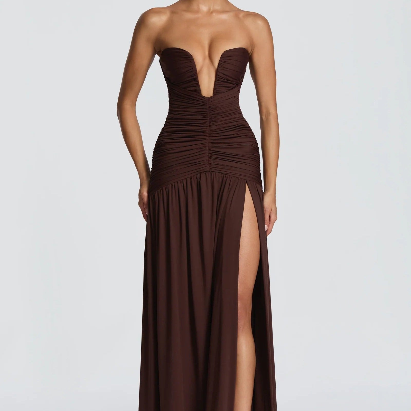 Strapless Pleated Maxi Gown With A High Slit