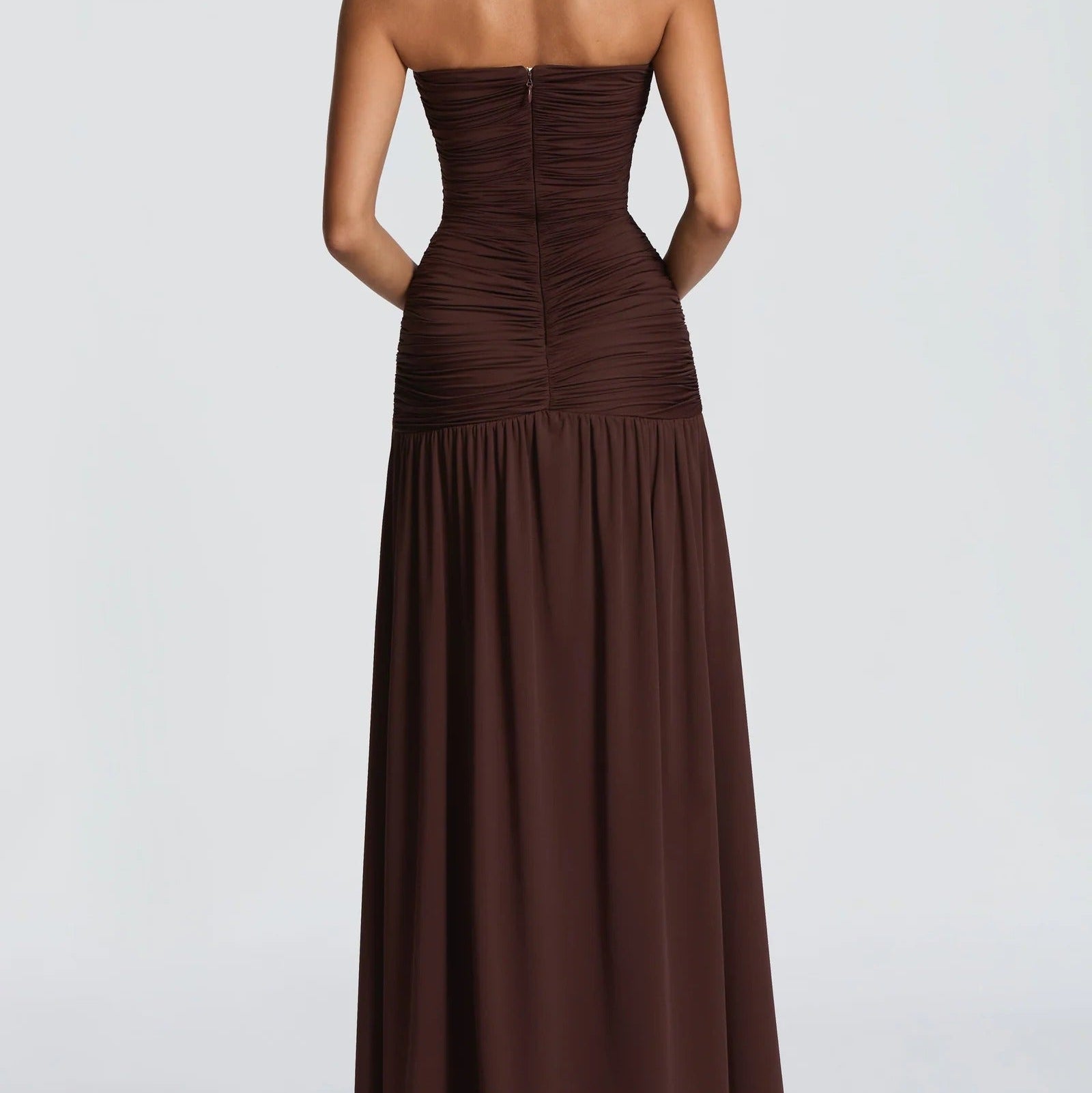 Strapless Pleated Maxi Gown With A High Slit