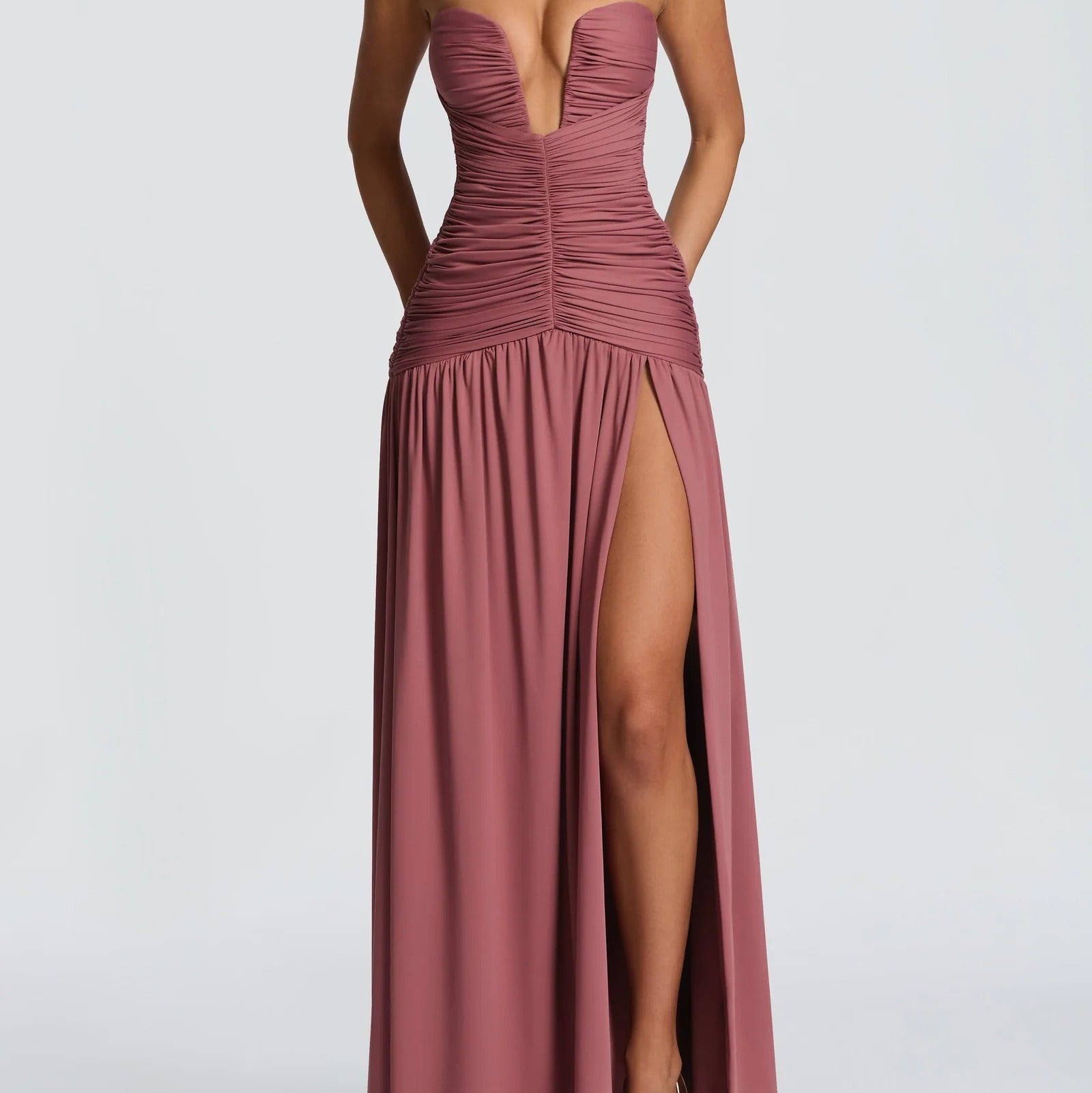 Strapless Pleated Maxi Gown With A High Slit